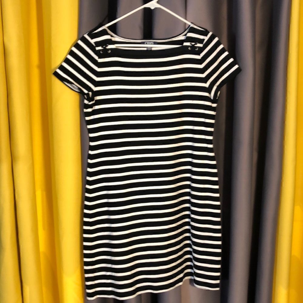 Chaps Womens Dress Size L Black White Stripe Short Sleeve Knee Length Stretch